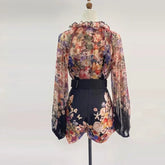 Shot Spot Australia New Positioning Printing Top Three-Dimensional Flower Lace-up Top + Wide Leg Shorts Suit Women